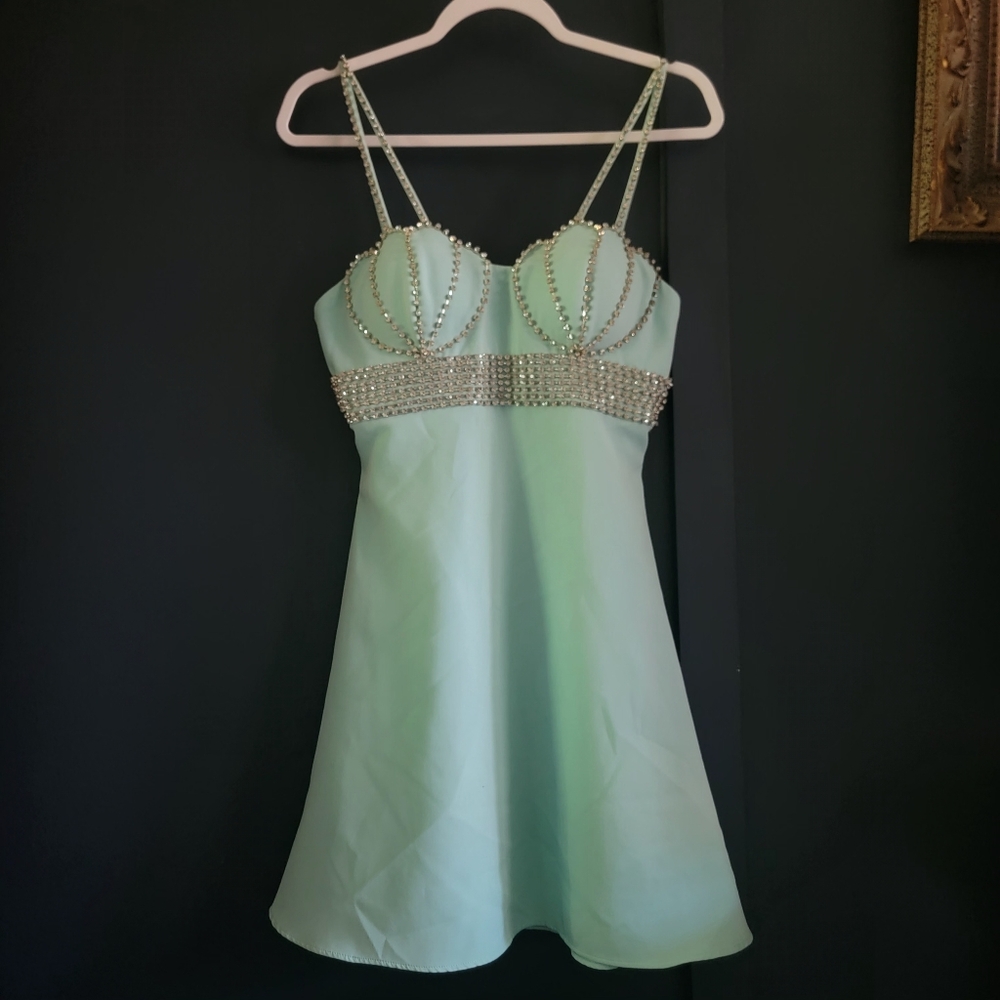 New IEENA for MD 27446 Ocean Blue Rhinestone Fit & Flare Satin Mini Dress Size 2 - Picture 3 of 13